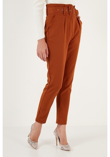 Lela Yüksek Bel Cepli Kemerli Regular Fit Kumaş Bayan Pantolon 611Pl04 Kiremit