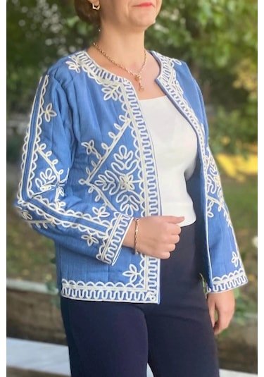 Mia Butik Kadın Mavi Bordur Nakışlı Astarlı Ceket Mavi