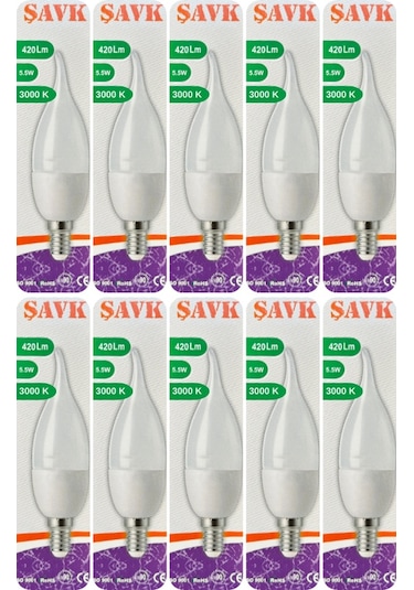 10 Adet Şavk 5,5w 37w Sarı Işık 3000k E14 Duylu İnce Duy Led Kıvrık Ampul