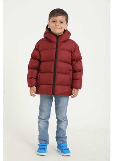 Freemen Erkek Çocuk Bordo Polarlı Kapüşonlu Su Geçirmez Rüzgara Dayanıklı Şişme Kışlık Mont Bordo