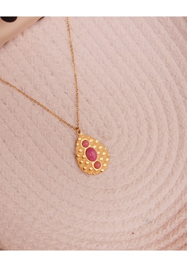 Lekka Design Kadın Takı Kararmaz Çelik Pudra Pembe Taşlı Damla Antik Kolye