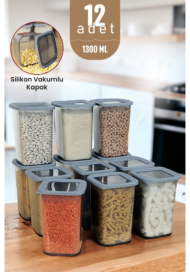 Silikon Kapaklı Erzak Bakliyat Saklama Kabı Kare Saklama Kutusu Seti 12 Adet 1300 ML