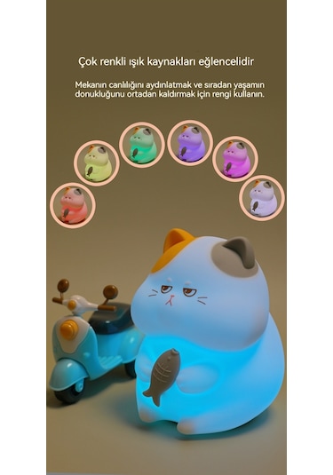Yaratıcı Açgözlü Kedi Görseli Başucu Gece Lambası 035-1 Beyaz