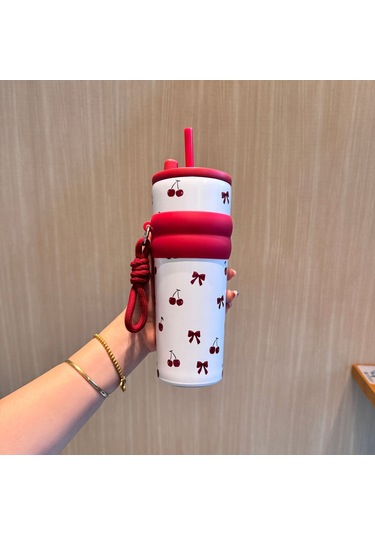 Ruicoo 316 Paslanmaz Çelik Seyahat Bardağı - Taşınabilir İp Kulplu Ve Pipetli Pembe