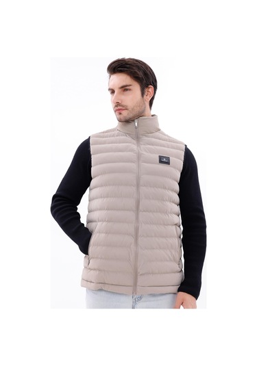 Erkek Nova Kumaş Şişme Yelek Hafif Dolgulu Fermuarlı Cepli Su İtici Rahat Kalıp Krem