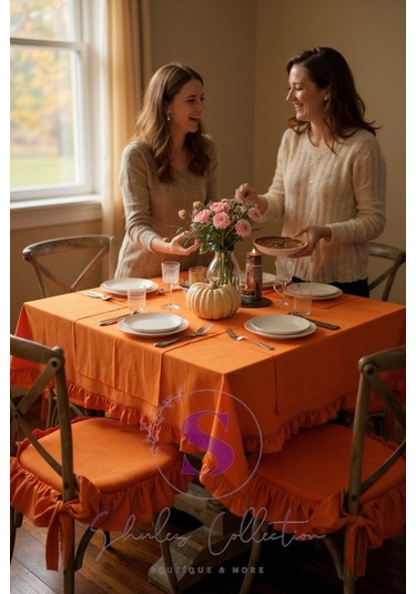 Turuncu Renk El Yapımı Buldan Yıkanmıs Keten 4 Tarafı Fırfırlı Sandalye Minderi Turuncu