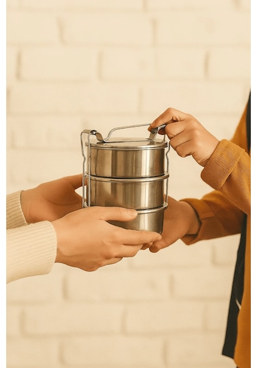 Paslanmaz Çelik Lunchbox Okul Ve Ofis İçin 3 Katlı Kilitli Sefertası No:1 Gri