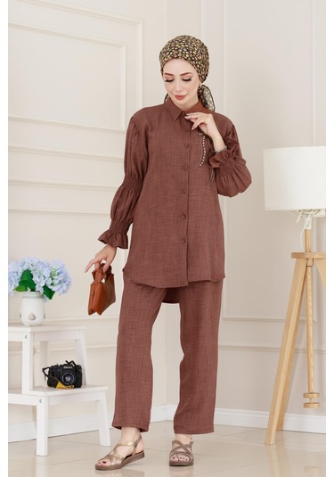 Önü Taşlı Kolu Lastikli İkili Takım-kahverengi-5097 Kahverengi