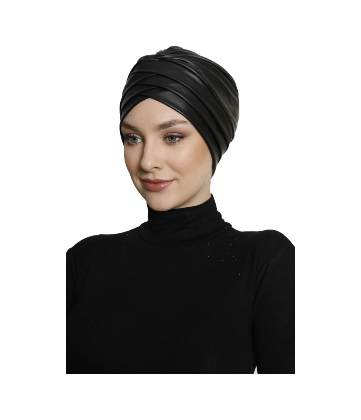 Üç Bantlı Deri Siyah Astarlı Hazır Türban Tesettür Bone Siyah