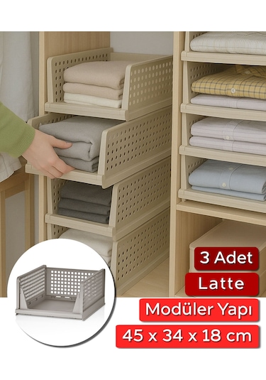3 Adet Raylı Elbise Organizeri - Mutfak Banyo Düzenleme Depolama Üst Üste Dizilebilir Latte