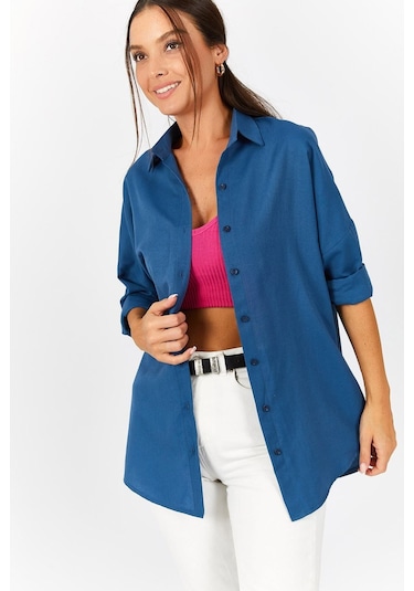 Armonika Kadın Lacivert Oversize Uzun Basic Gömlek Arm-22y001118