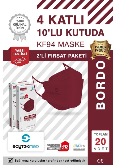 Kf94 Kore Tipi, 4 Katlı, Bordo Maske, Uv Steril 2 Kutu/ 20 Adet