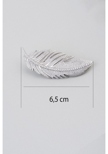 Baykuş Tüyü 18 Ayar Beyaz Altın Kaplama Gümüş Broş Beyaz