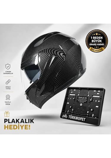 Vrt Çene Açılır Güneş Vizörlü Kask + Plakalık Karbon