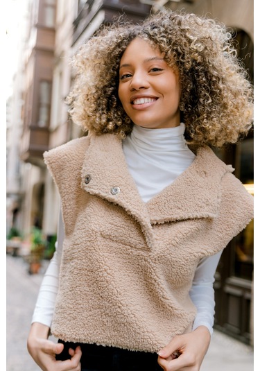 Scorp Chic Casual Kadın Peluş Yelek Camel Standart Çok Renkli