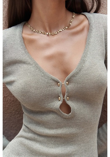 Ortensia Metal Detay Haki Uzun Triko Elbise Haki