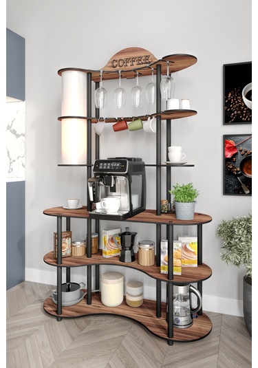 Brew-blıss Mutlu Kahve Köşesi-çok Amaçlı Mutfak Rafı Madran Ceviz-lambader Aydınlatmalı Ceviz