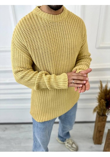 Kazak Oversize Çift Kat Zincir Örgü Naturel Pamuk Bol Kesim Tüylenmez Triko Kazak Hardal