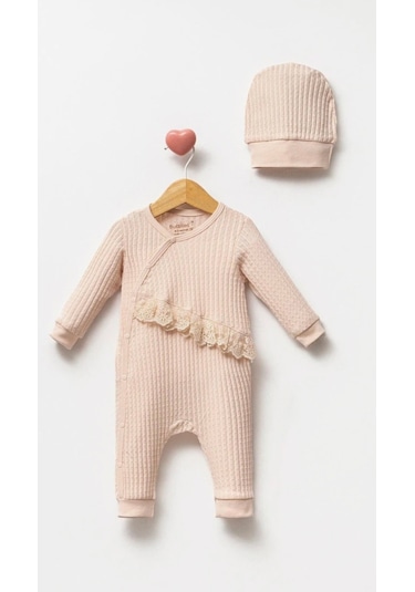 By Bubbles Natural Belden Dantelli Kız Bebek Tulum Somon