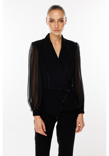 Moda İlgi Kadın Boncuk Detaylı Kısa Ceket T07527 Siyah Siyah