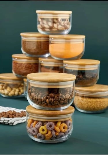 Morponi Bambu Kapaklı Cam Erzak Kavanozu 6'lı 380 ML