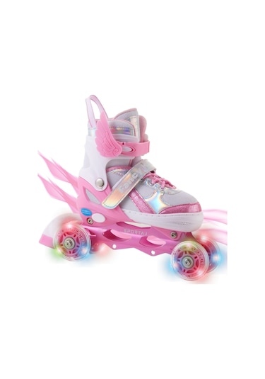 Melek Kanatlı Işıklı Çocuk Pateni Silikon Teker Ayarlanabilir Paten Taşıma Çantalı Pembe Pembe