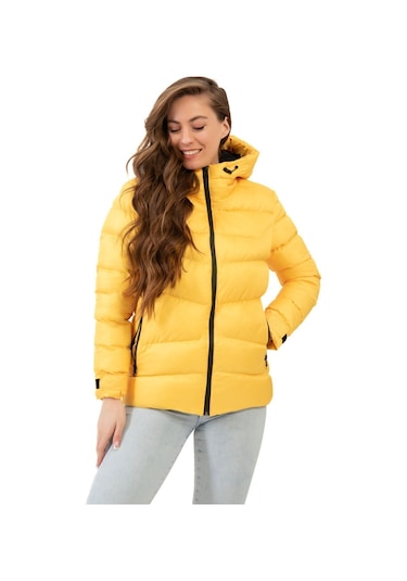 Freemen Kadın Sarı Kapüşonlu Polarlı Kürklü Su Geçirmez Rüzgara Dayanıklı Şişme Mont Sarı
