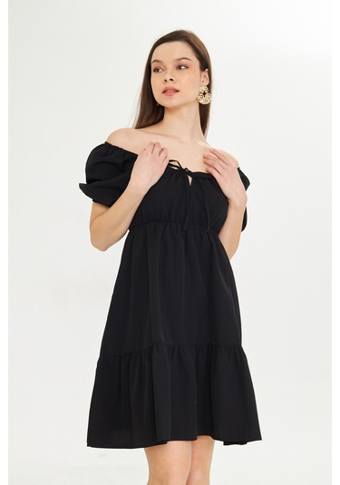 Beli Lastikli Buzgulu Poplin Elbise Siyah