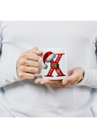 X Harfi Yılbaşı Temalı Bardak 330 Ml Harfli Kişiye Özel Hediye - Yeniyıl / Noel Şapka Tasarım Beyaz
