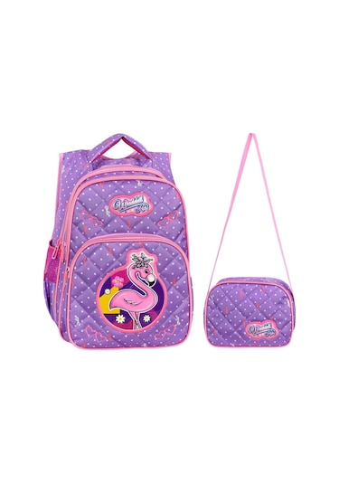 Waddell Lisanslı Lila Flamingo Desenli Emboos İlköğretim Okul Sırt Çantası Ve Beslenme Çantası