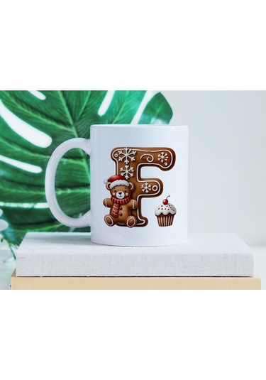 F Kurabiye Harf Ve Ayıcık Detaylı Kupa Bardak - Yeni Yıl / Yılbaşı Temalı Tasarım - Noel Hediye Beyaz