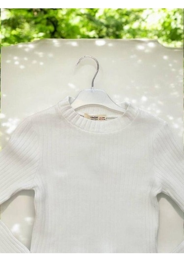 Kız Çocuk Kışlık Yuvarlak Yaka Fittili Basıc Kazak-14427 Beyaz