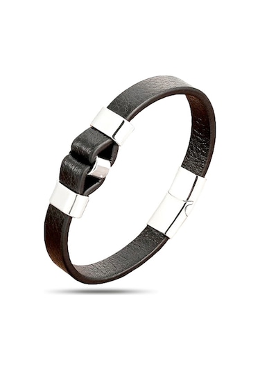Brezza Lusso Jewelry Hakiki Deri Birbirine Bağlı Çelik Erkek Bileklik Siyah