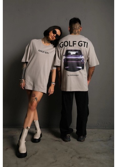 Oversize Baskılı Tişört Golf Gtı Retro Araba Desenli - Gri -vlmr Gri