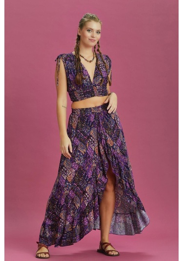 Derin Ön Yırtmaçlı Fırfırlı Desenli Çingene Etek 001