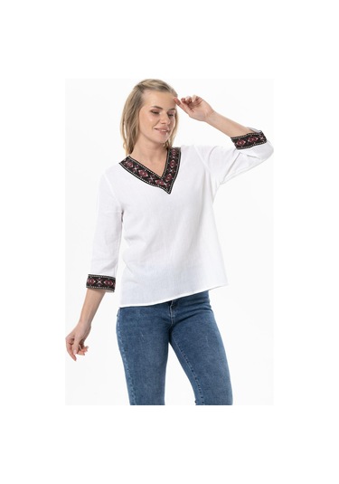 Truvakar Kol V Yaka Nakışlı Talya Şile Bezi Yazlık Bluz Beyaz Byz-beyaz Beyaz