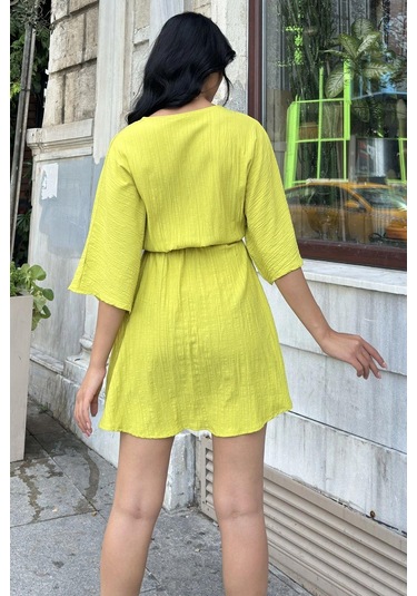 Yağ Yeşili Yaka Detaylı Lastikli Kloş Elbise Yağ Yeşili