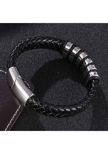 Dokuma Deri İp Sarma Özel Stil Klasik Paslanmaz Çelik Erkek Deri Bileklik Yeni Tasarım Dekorasyon Bb1082 Siyah