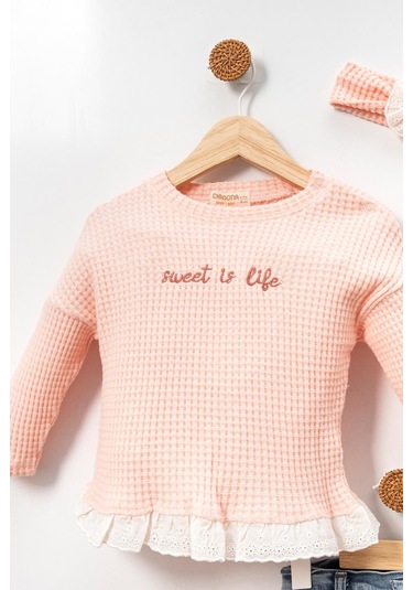 Dantel Detaylı Bandanalı Fırfırlı Yumuşak Doku Prenses 2'li Takım Şık Pembe