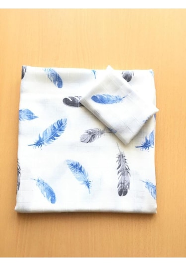 Müslin %100 Organik Pamuk Kumaş Örtü Battaniye 100x100cm+ Ağız Mendili Hediyeli Mavi 1 Mavi 1 Mavi