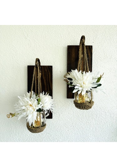 Duvar Dekoru, Led Işıklı, Beyaz Yılzdız Çiçekli, Ceviz Aplik İkili Set