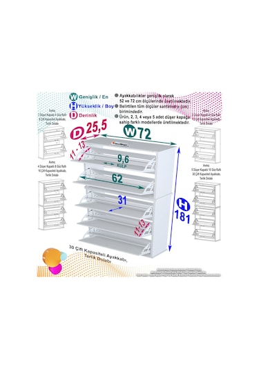 Modilayn Varbi Umay' 2 Li Asma Antre 72x181x25, 5 Cm Lik 5 Düşer Kapak 10 Göz Bölme Ayakkabılık Beyaz - Ceviz