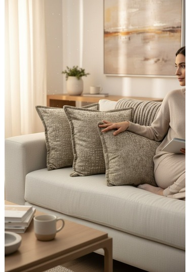 Kırlent İthal Kadife Kumaş 3'lü Set - Yumuşak Dokulu Dekoratif Özel Tasarım Kırlent Kılıfı Ekru