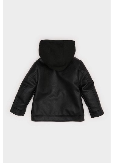 Defacto Erkek Bebek Kapüşonlu Pelüş Astar Suni Deri Ceket Mont A2220a525aubk27 Siyah