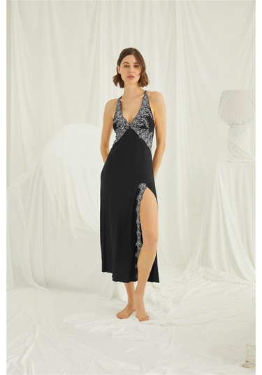 Monamise 19195 Kadın Dekolteli Brode Dantelli Yırtmaçlı Gecelik -siyah Siyah