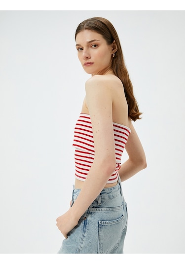 Koton Straplez Üst Kat Detaylı Ribanalı Slim Fit Kırmızı Çizgili 4sak10698ek Kırmızı Çizgili