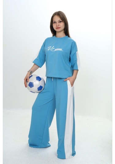 Kız Çocuk %100 Pamuk London Baskılı Oversize Garnili Truvakal Kollu Eşofman Takımı-293-eşt-0010 Turkuaz