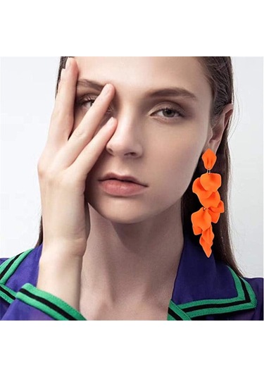 Uzun Akrilik Gül Yaprağı Küpeler - Sarkan Abartılı Çiçek Küpe Turuncu