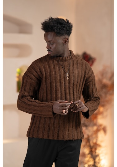 Oversize Kendinden Çizgili Pamuklu Kalın Triko Spor Kazak Kahverengi