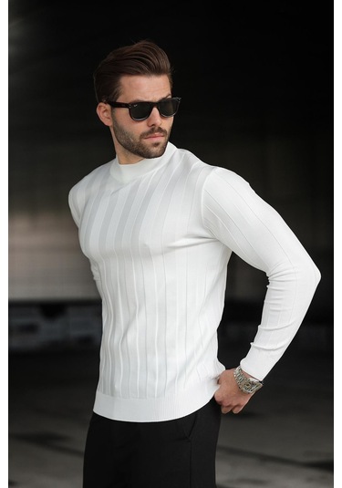 Beyaz Yarım Balıkçı Erkek Triko Kazak E7423 Beyaz